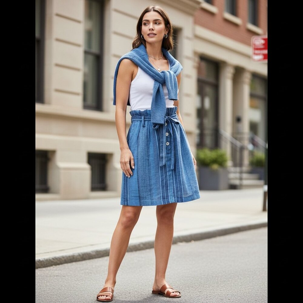 Indigo Rein Striped Linen Blend Belted Skirt Sz M Blue #194L